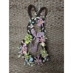 Easter Bunny Shaped Holiday Wreath with Eggs & Satin Ribbon Bow Door Decor 19"